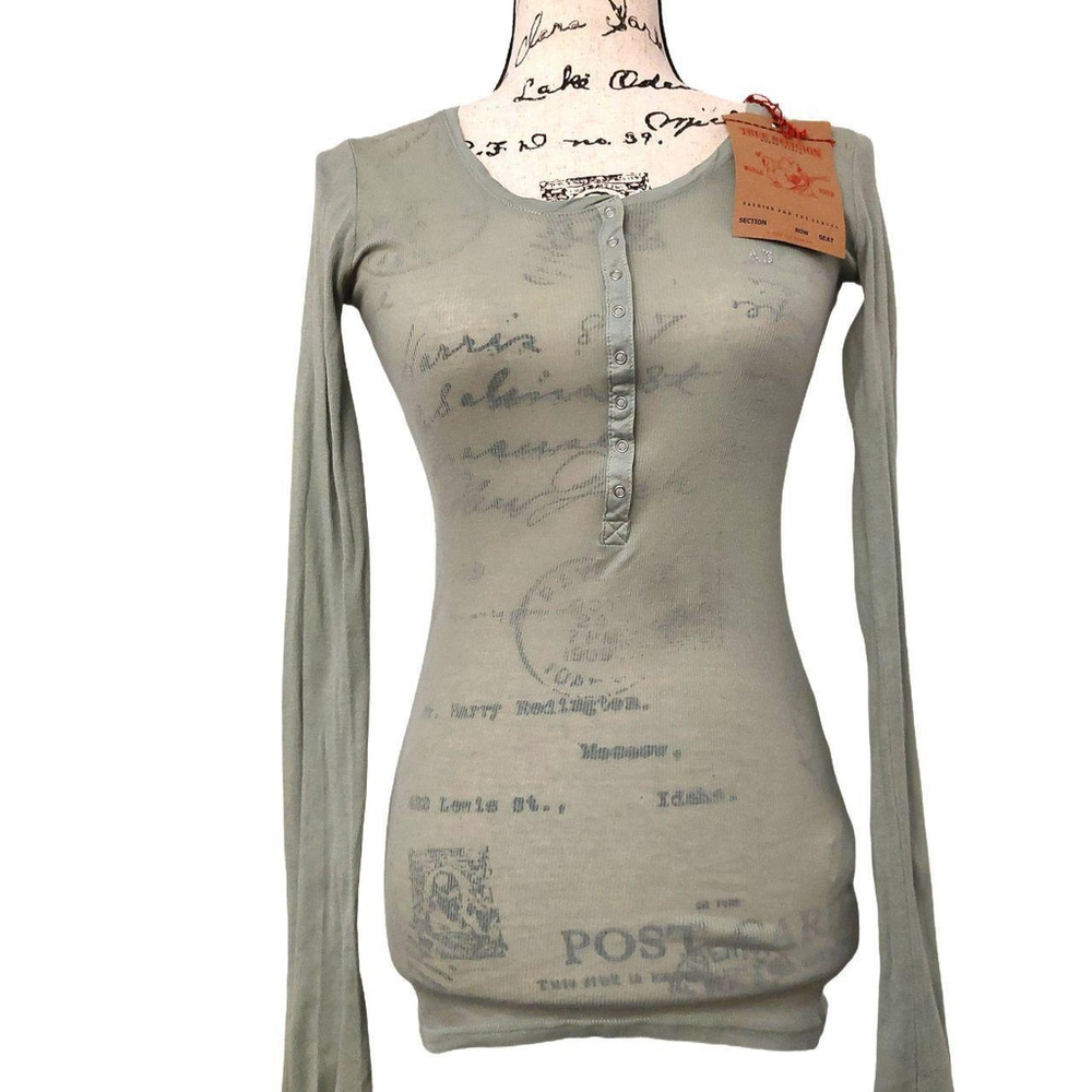 True Religion Long Sleeve Crystal Kristen Green Cotton Henley Shirt XS NWT